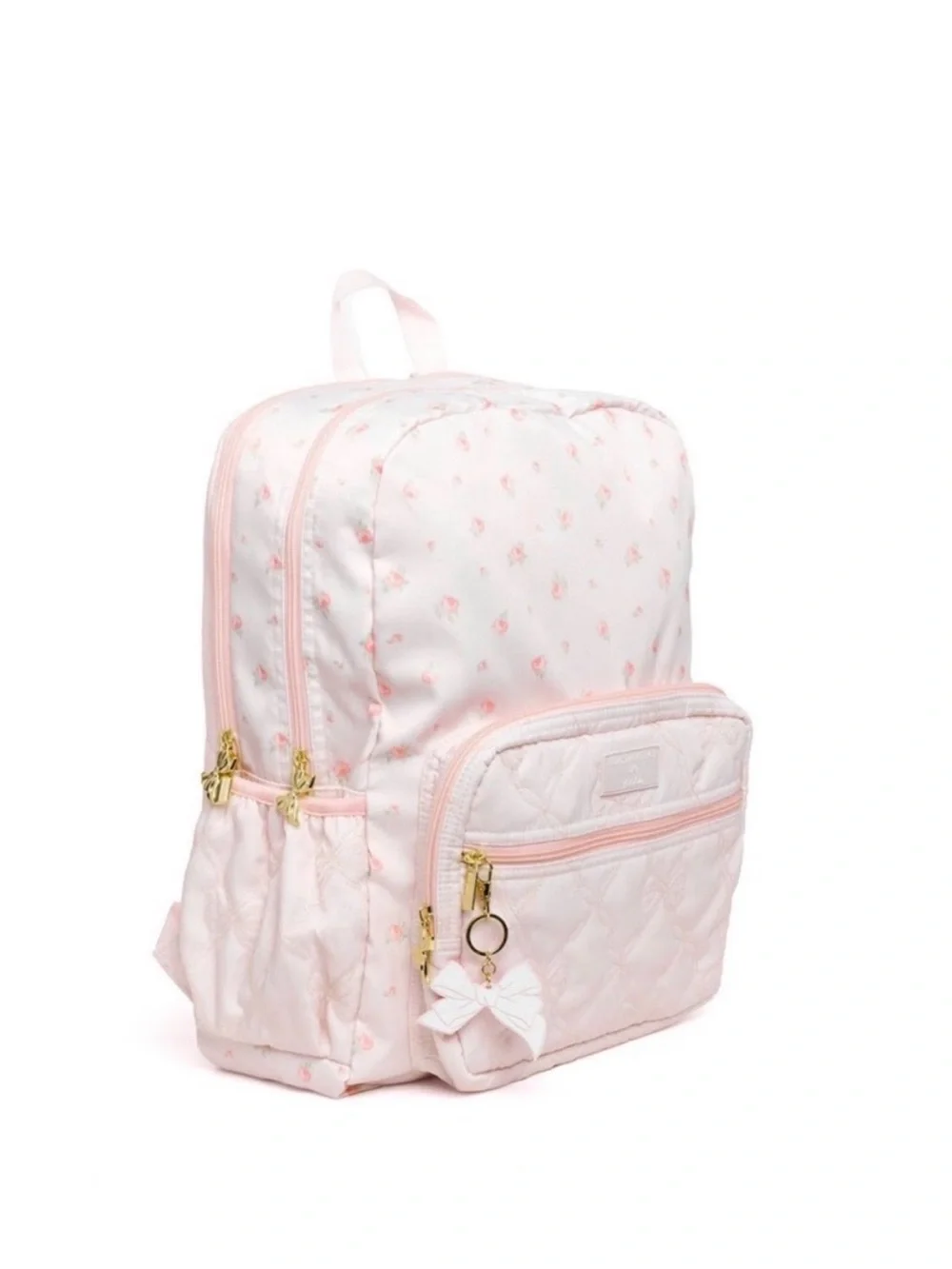 LoveShackFancy Set Pink Quilted Kids Backpack with Bow Charm and Pencil case